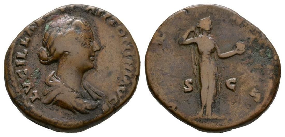 Lucilla - Venus As: 164-166 AD. Wife of Lucius Verus, Rome mint. Obv: LVCILLA AVG ANTONINI AVG F legend with draped bust right. Rev: VENVS legend with Venus standing right raising drapery from right shoulder, holding app