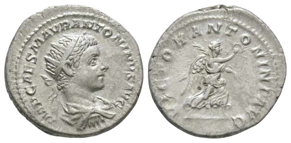 Elagabalus - Victory Antoninianus: 219 AD. Rome mint. Obv: IMP CAES M AVR ANTONINVS AVG legend with radiate, draped and cuirassed bust right. Rev: VICTOR ANTONINI AVG legend with Victory advancing right holding wreath and palm. Sear 75