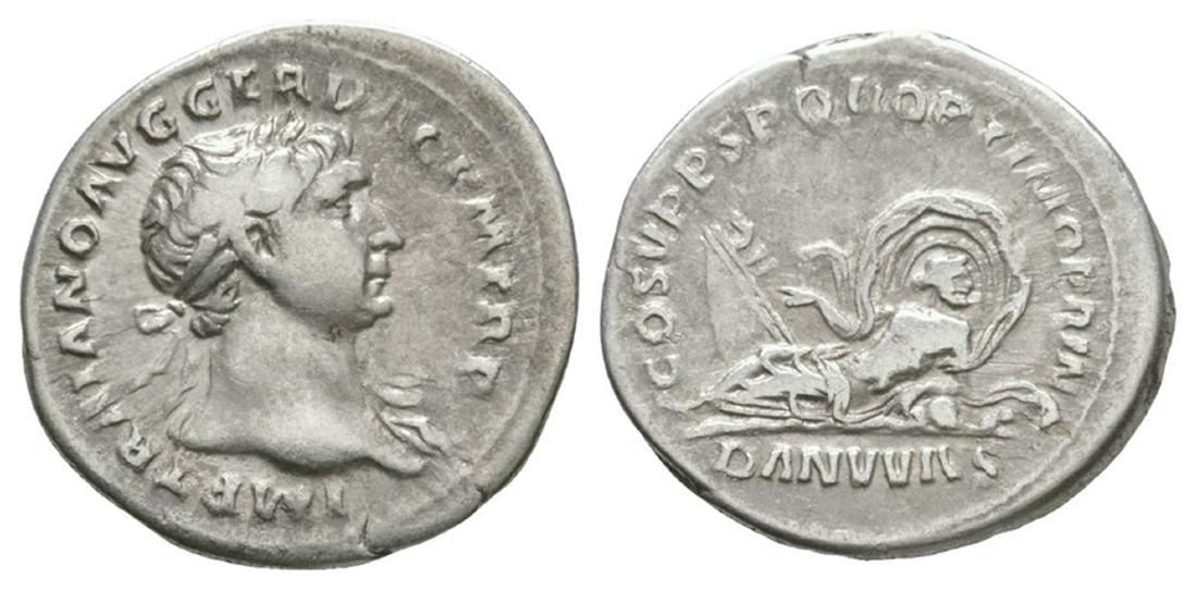 Trajan - Danube Denarius: 107 AD. Rome mint. Obv: IMP TRAIANO AVG GER DAC P M TR P legend with laureate bust right. Rev: COS V P P S P Q R OPTIMO PRINC legend with Danuvius (the Danube) reclining left on rocks amidst reeds loo