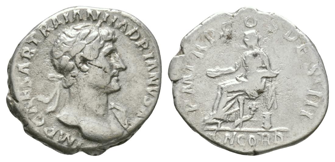 Hadrian - Concordia Denarius: 118 AD. Rome mint. Obv: IMP CAESAR TRAIAN HADRIANVS AVG legend with laureate bust right with draped left shoulder. Rev: P M TR P COS DES III legend with Concordia enthroned left, holding patera and re
