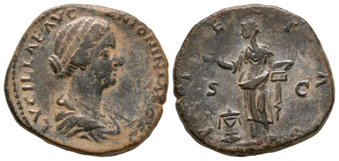 Lucilla - Pietas Sestertius: 164-166 AD. Rome mint. Obv: LVCILLAE AVG ANTONINI AVG F legend with draped bust right. Rev: PIETAS legend with Pietas standing left, right hand extended over lit altar, holding box of incense in left;