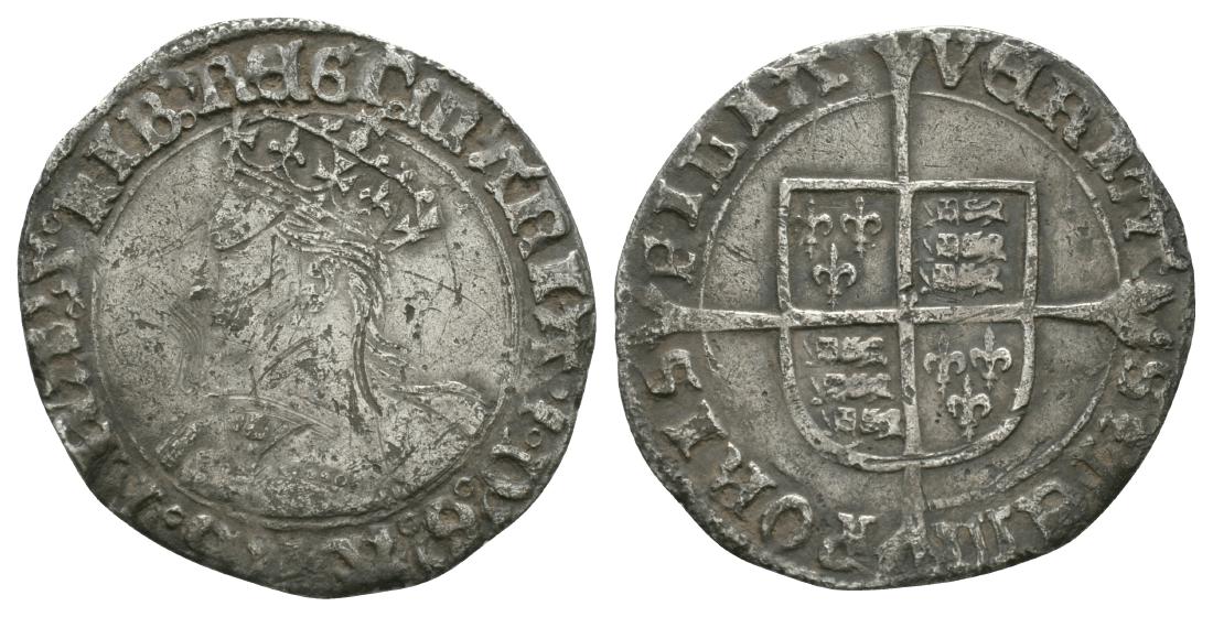 English Tudor Coins - Mary - Groat: 1553-1554 AD. Obv: profile bust with MARIA D G ANGL FRA Z HIB REGI legend and 'pomegranate' mintmark. Rev: long cross over arms dividing VERITAS TEMPORIS FILIA legend. S. 2492; N. 1960. 1.81 grams. .