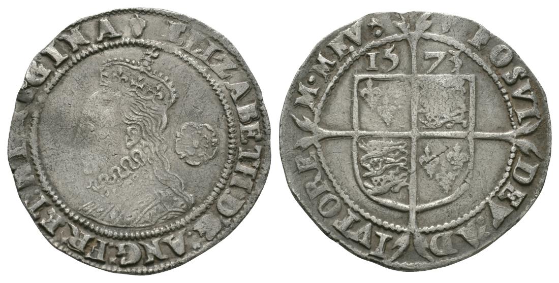 English Tudor Coins - Elizabeth I - 1573 - Sixpence: Dated 1573 AD. Third/fourth issue, bust 4B. Obv: profile bust with rose behind and ELIZABETH D G ANG FR ET HIB REGINA legend and 'acorn' mintmark. Rev: long cross over arms with date above and POSVI D