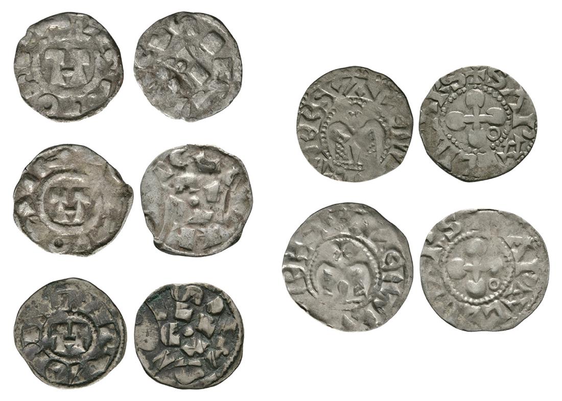 Crusader Issues - Lucca and Valence - Deniers [5]: Circa 1100-1300 AD. Group comprising: Lucca (3"). Obvs: OTTO monogram with +IMPERATOR legend. Revs: pellet with LVCA around with +ENRICVS legend. Valence (2"). Obvs: cross with annulet in second quart