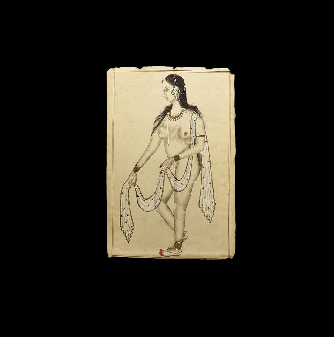 Indian Erotic Painting: 19th - early 20th century AD. A rectangular paper panel with ruled frame, ink drawing of an advancing female, nude with ornamental headdress, collar, bracelets and anklets, henna designs to the hands,