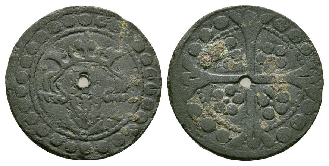 British Tokens - Edward I - Sterling Jetton: 13th century AD. Obv: facing bust with rose on breast and large pellets in place of legend. Rev: long cross and rosette of pellets with large pellets in place of legend. M. 149 (without rose on breast