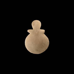 Stone Age Anatolian Violin Idol: 2nd millennium BC. A flat-section alabaster idol with D-shaped body, lateral stub arms and discoid head. 130 grams, 10.5cm (4 1/4"). From a private UK collection; acquired on the London art market 199