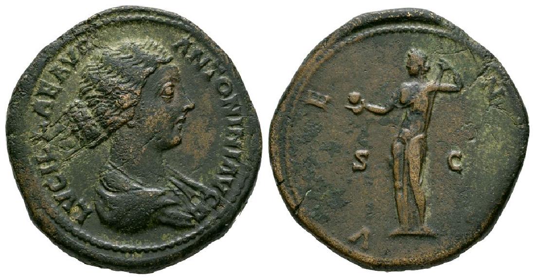 Lucilla - Venus Sestertius: 164-166 AD. Wife of Lucius Verus, Rome mint. Obv: LVCILLAE AVG ANTONINI AVG F legend with draped bust right. Rev: VENVS legend with Venus standing left holding apple and raising draper from left shoul
