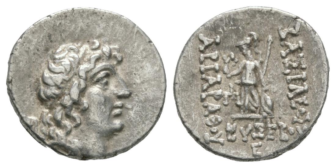 Eusebeia - Ariarathes IX - Athena Drachm: 100-85 BC. Cappadocia mint. Obv: diademed head of Ariarathes right. Rev. BASILEOS ARIAPAQOY EYSEBoYS to right, left and beneath Athena standing left, holding Nike and spear, resting left hand on a shi