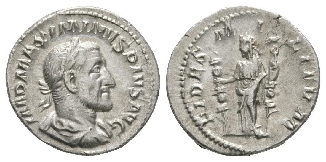 Maximinus I - Fides Militum Denarius: 236-238 AD. Rome mint. Obv: IMP MAXIMINVS PIVS AVG legend with laureate and draped bust right. Rev: FIDES MILITVM legend with Fides Militum standing left holding two standards. RIC 7A; Sear 8307 varia