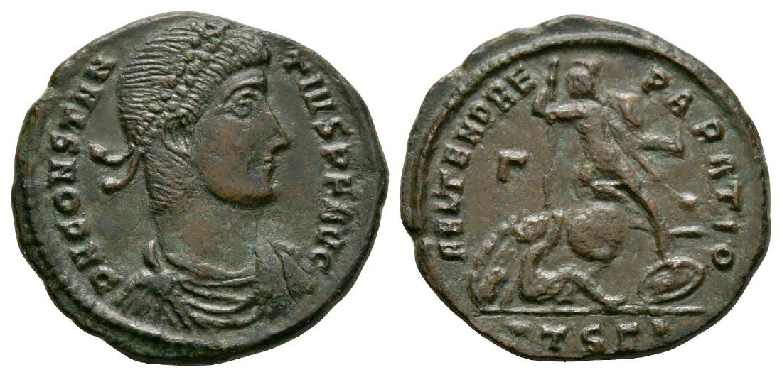 Constantius II - Emperor Spearing Horseman Maiorina: 351-352 AD. Thessalonica mint. Obv: D N CONSTANTIVS P F AVG legend with diademed, draped and cuirassed bust right. Rev: FEL TEMP REPARATIO legend with soldier/emperor rushing left, shielded on left ar