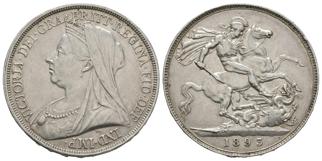 Victoria - 1893 LVI - Crown: Dated 1893 AD. Obv: profile bust with VICTORIA DEI GRA BRITT REGINA FID DEF IND IMP legend. Rev: St George and dragon; date in exergue. Edge: with raised DECVS ET TVTAMEN ANNO REGNI LVI inscription. S