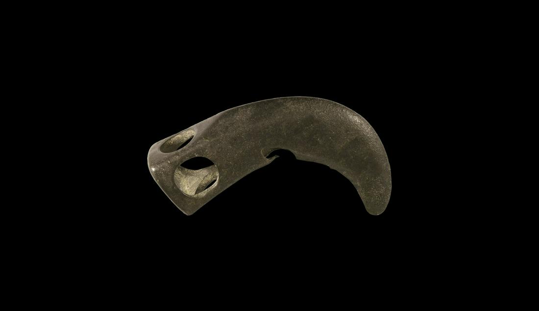 Medieval 'Bear's Claw' Pendant: 11th century AD. A bronze pendant formed as a claw or fang with openwork square-section upper portion. 25 grams, 45mm (1 3/4"). From a private Austrian collection; formerly found Derbyshire, UK. [No R