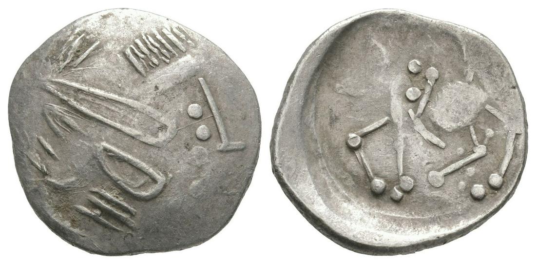 Danubian Celts - Sattelkopf Tetradrachm: 2nd century BC. Mint in Transylvania, imitating Philip II of Macedonia. Obv: stylised, laureate head of Zeus right with four dots down the right of the head. Rev: stylised horse with saddle-shaped hea