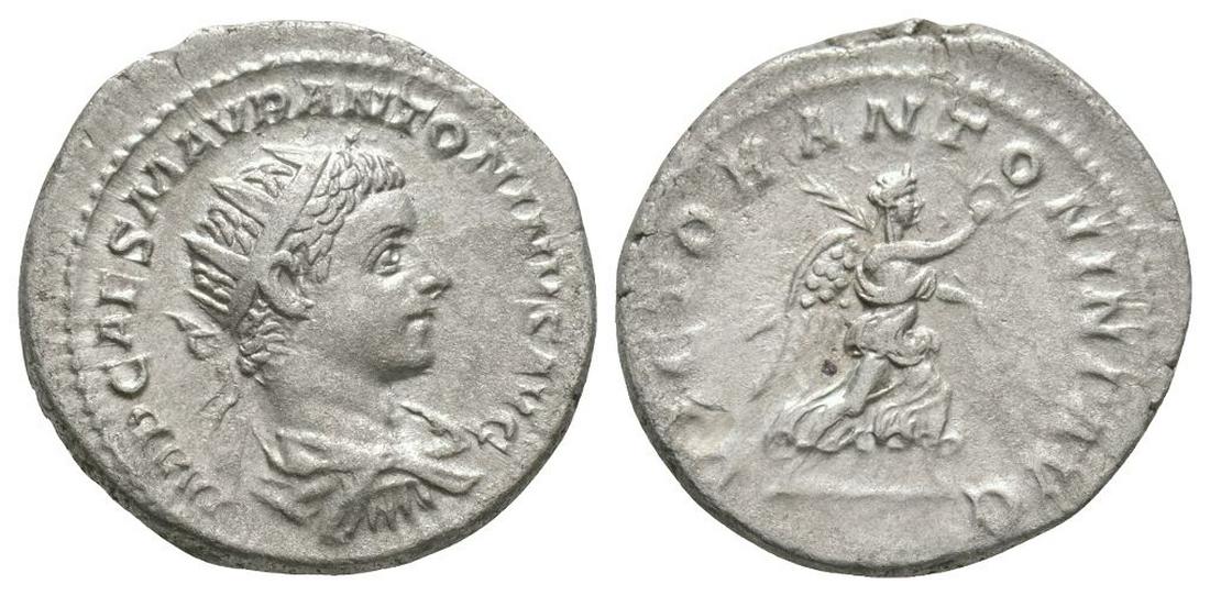 Elagabalus - Victory Antoninianus: 219 AD. Rome mint. Obv: IMP CAES M AVR ANTONINVS AVG legend with radiate, draped and cuirassed bust right. Rev: VICTOR ANTONINI AVG legend with Victory advancing right holding wreath and palm. Sear 75