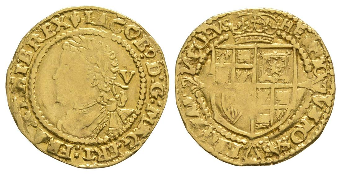 James I - Gold Muled Mintmarks Quarter Laurel: 1621-1623 AD. Third coinage, second bust. Obv: profile bust with V behind and IACOB D G MAG BRI FRA ET HIB REX legend and 'lis' mintmark. Rev: long cross over crowned arms with HENRICVS ROSAS REGNA IA