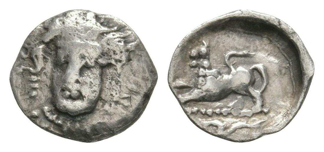 Phistelia - Lion Obol: 325-275 BC. Obv: head of nymph facing slightly left. Rev: lion walking left, raising forepaw, serpent in exergue. BMC 1; HN Italy 619; SNG ANS 584; Sambon 844; SNG Cop 577. 0.57 grams. Property of a K