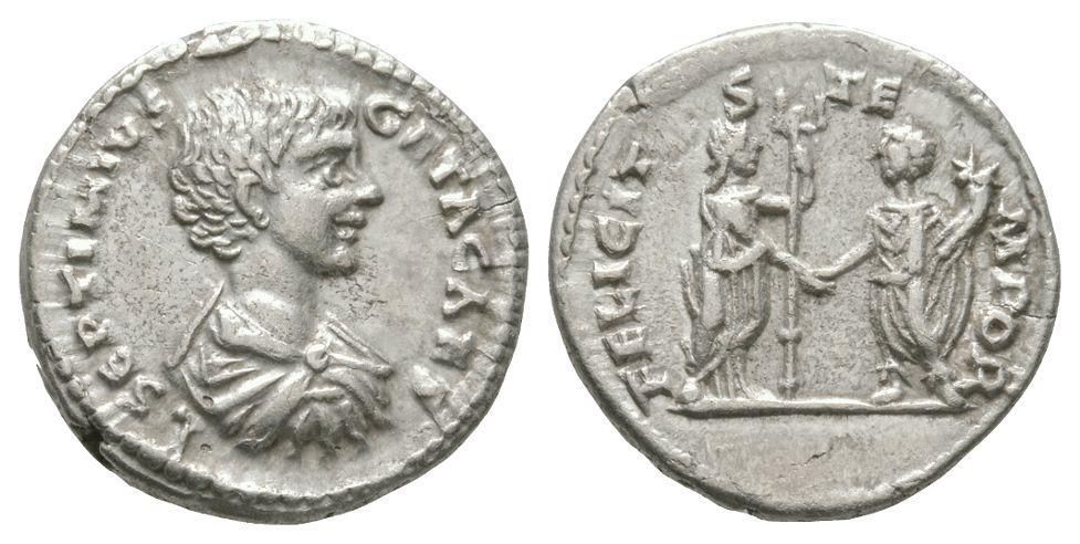 Geta - Felicitas Denarius: 198 AD. Laodicea mint. Obv: L SEPTIMVS GETA CAES legend with draped and cuirassed bare head right. Rev: FELICITAS TEMPOR legend with togate emperor standing left holding cornucopia clasping right hand