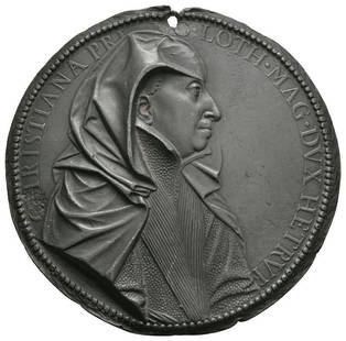 France - Christine De Lorraine - Replica Lead Obv: 20th century AD. Copy of a medal struck 1613 AD, by Guillaume Dupre. Obv: profile bust with CHRISTANA PRINC LOTH MAG DVX HETRVR legend. Rev: plain. 121 grams, 94mm. (3 3/4"). Property of a gentleman;