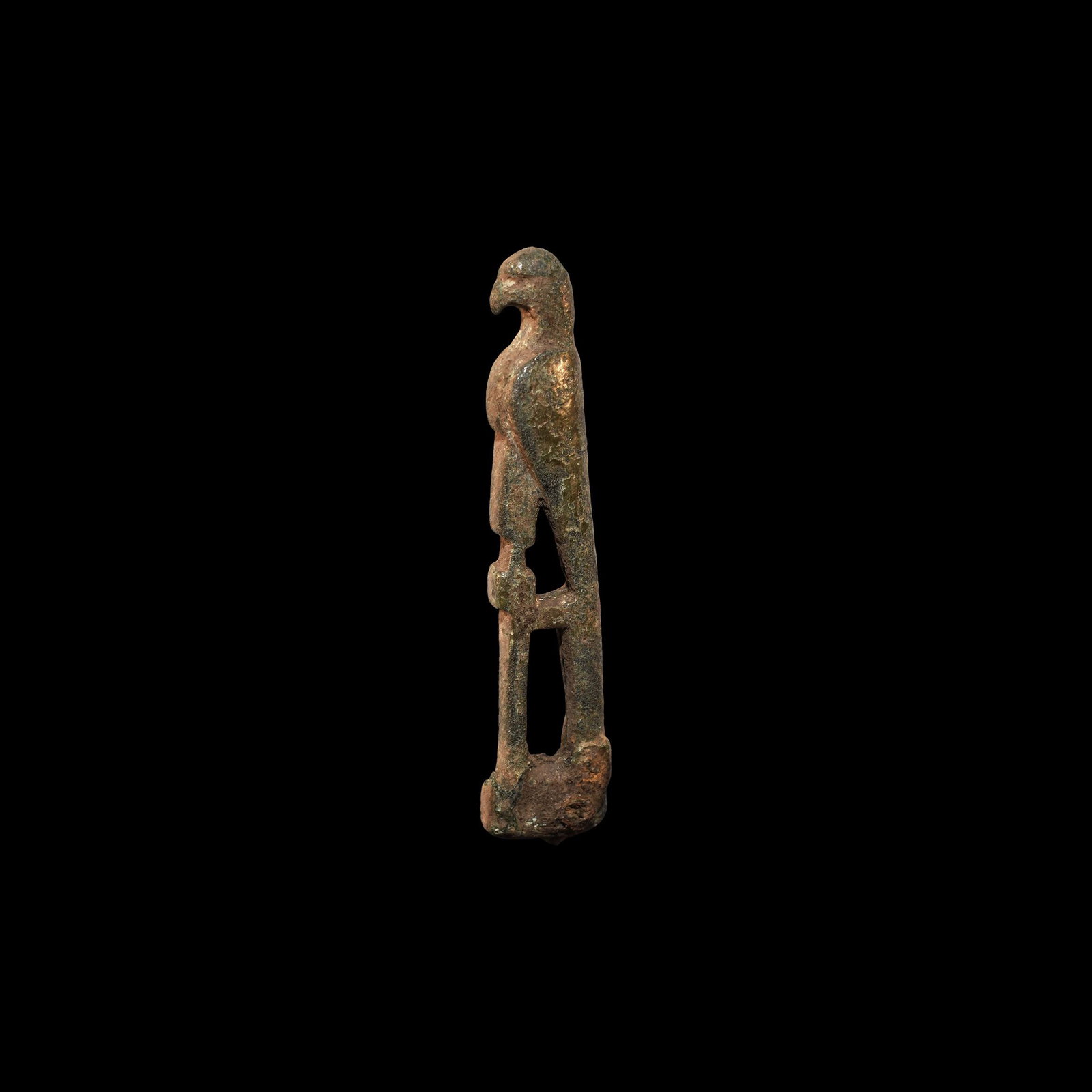 Roman Military Eagle Knife Handle: 1st-2nd century AD. A bronze handle for a folding knife with openwork body and perching eagle finial. 33 grams, 79mm (3"). From a private Netherlands collection; previously in an old collection since 