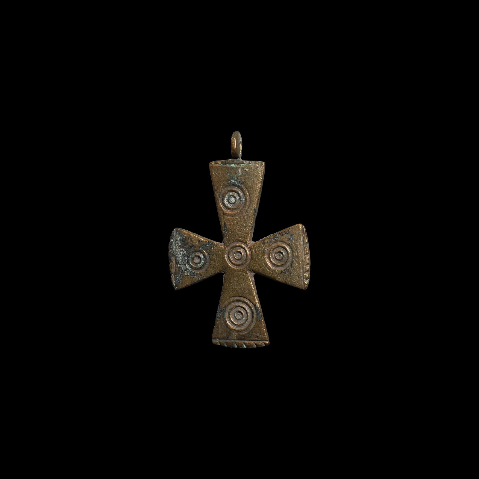 Byzantine Pectoral Cross Pendant: 8th-10th century AD. A bronze expanding-arm cross pendant with notched outer edges, ring-and-dot ornament. 31.2 grams, 72mm (3"). Property of a Dutch gentleman; formerly in an old collection formed in