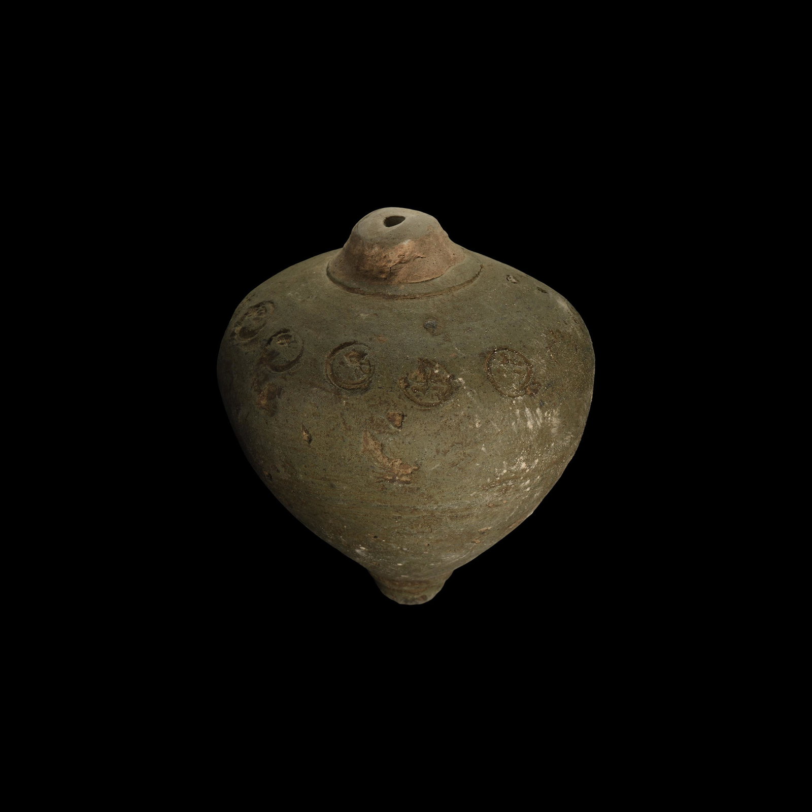 Byzantine 'Greek Fire' Fire Bomb or Hand Grenade: 9th-11th century AD. A hollow ceramic vessel with conical body, intended to be filled with explosive liquid and a wick, and used as a hand grenade; the broad shoulder with outer band of impressed ring