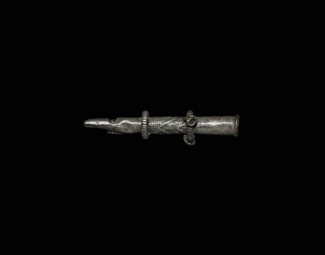 Tudor Silver Hawking Whistle: 16th century AD. A tubular silver whistle, with applied ropework band to open end, the main tube with two coiled wire bands, the larger with three loops, two high-relief chevrons with fleur-de-lys and