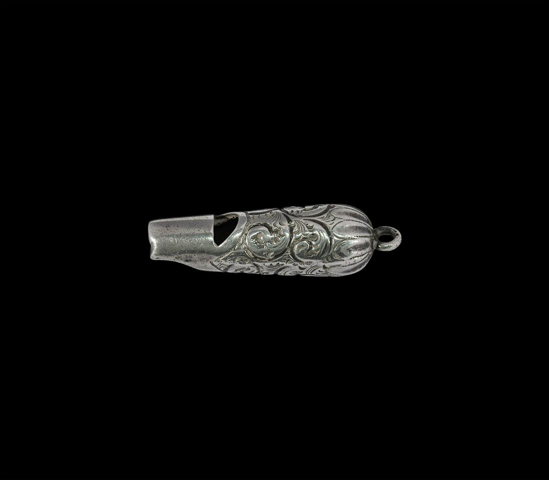 Victorian Silver Hawking Whistle: Hallmarked 1897 AD. A silver whistle with dense foliage swirls, segmented top with loop, bevelled mouth with hallmarks of an anchor (Birmingham), lion passant and lower case blackletter 'x' (1897) and
