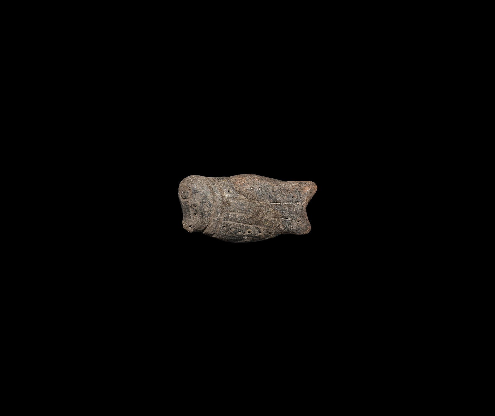 Pre-Columbian Cicada Figurine: 1st millennium AD. A ceramic figure of a cicada with pointillé and incised linear detailing. 32.4 grams, 61mm (2 1/2"). Property of a European collector; previously in an old European collection form