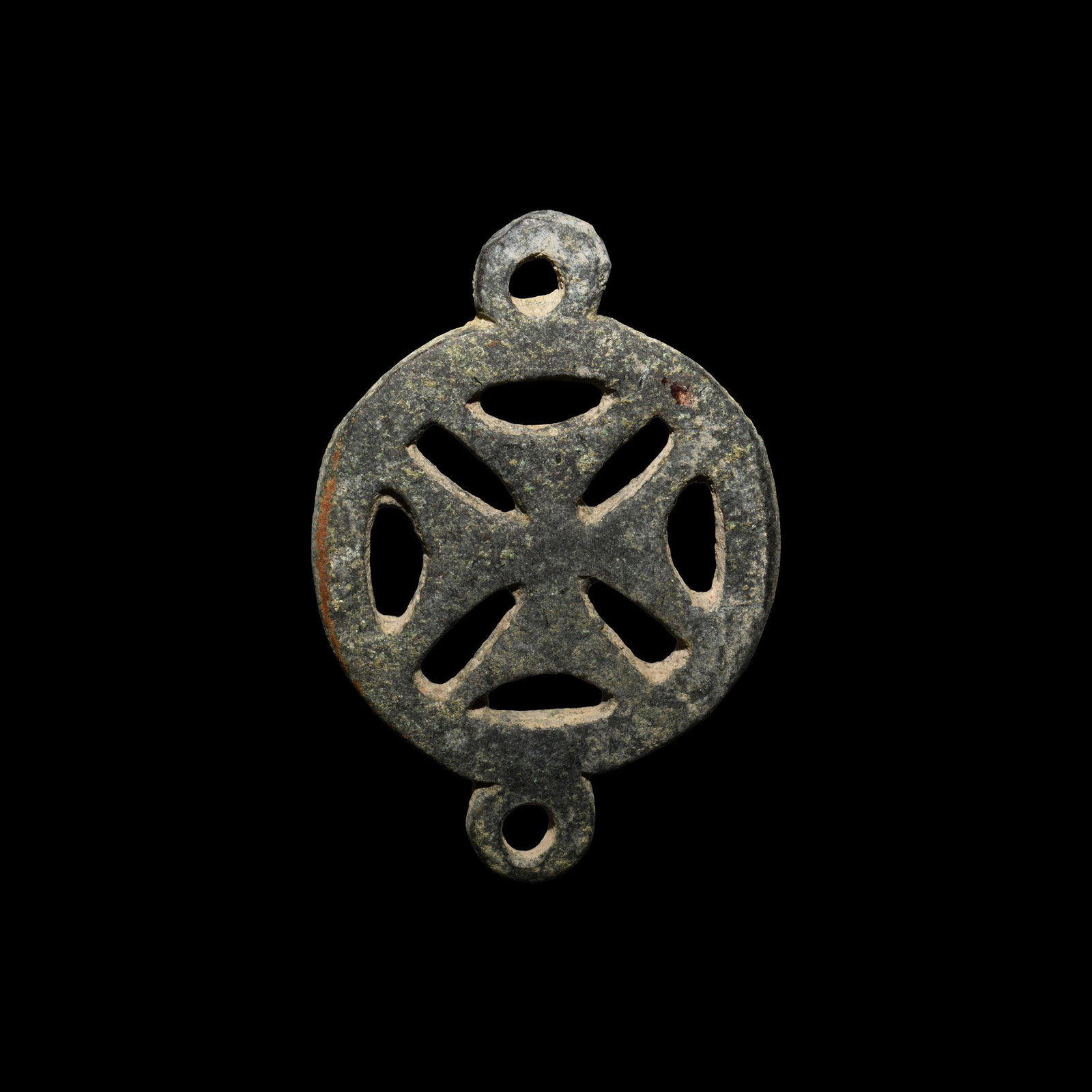 Byzantine Chainlink with Cross: 5th-6th century AD. A bronze openwork chainlink, possibly from an incense burner, with a central equal-armed expanding cross, pierced lugs to each side. 22.2 grams, 48mm (2"). From a private Netherlan