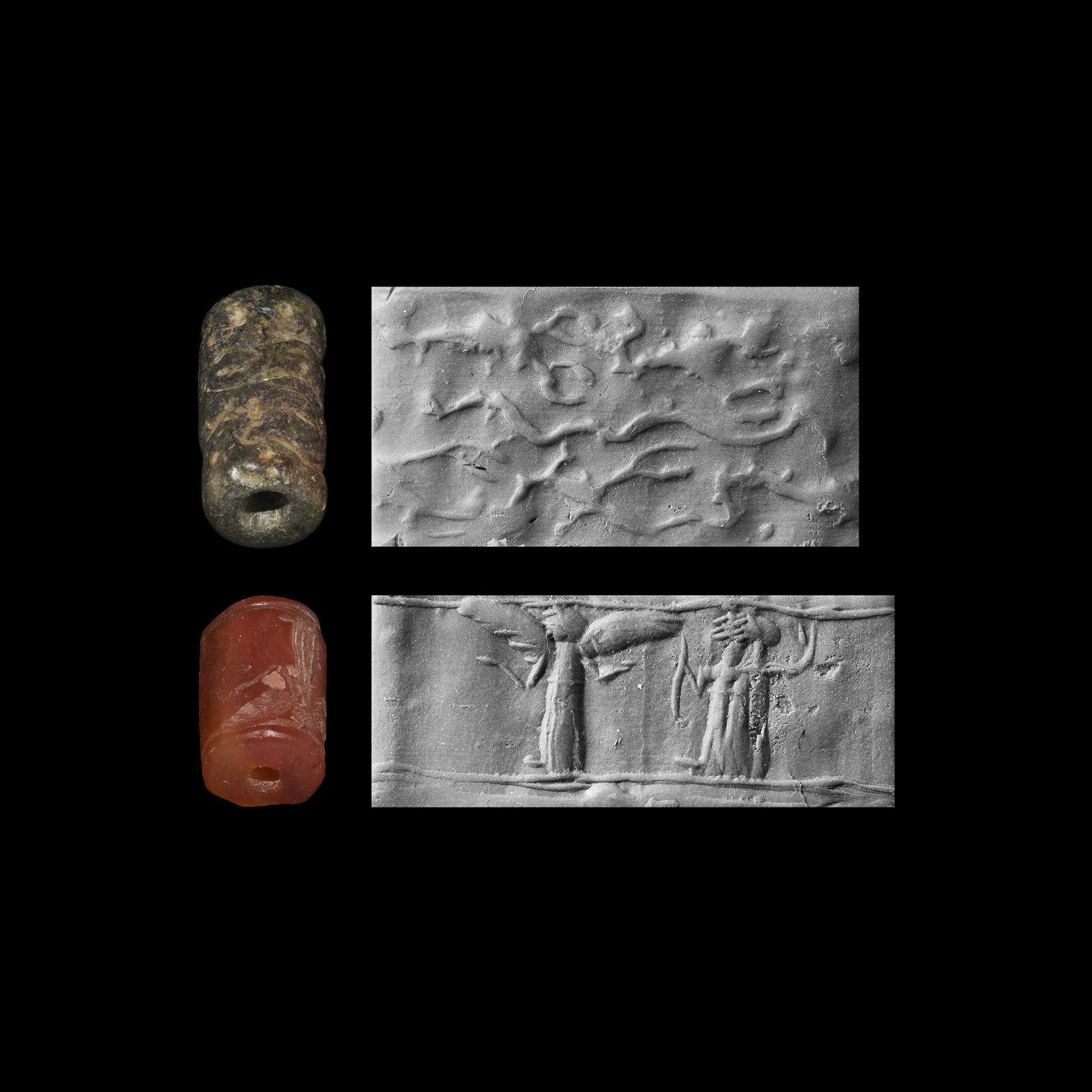 Western Asiatic Cylinder Seal Group: 1st millennium BC. A group of cylinder seals consisting of: a serpentine seal engraved with a series of wavy lines, some representing sea creatures; a carnelian seal engraved with a standing male figu