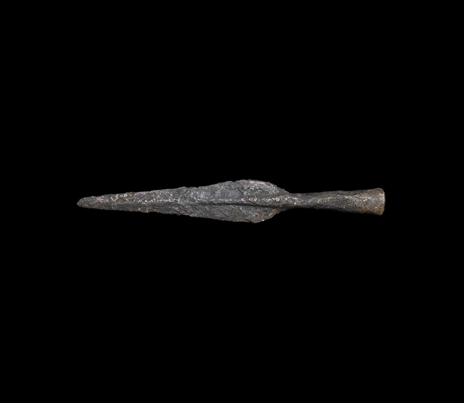 Viking Socketted Spearhead: 9th-11th century AD. An iron spearhead with leaf-shaped blade and raised midrib, short tubular socket. 192 grams, 28.5cm (11 1/4"). From an English private collection; formerly acquired in the 1970s. 