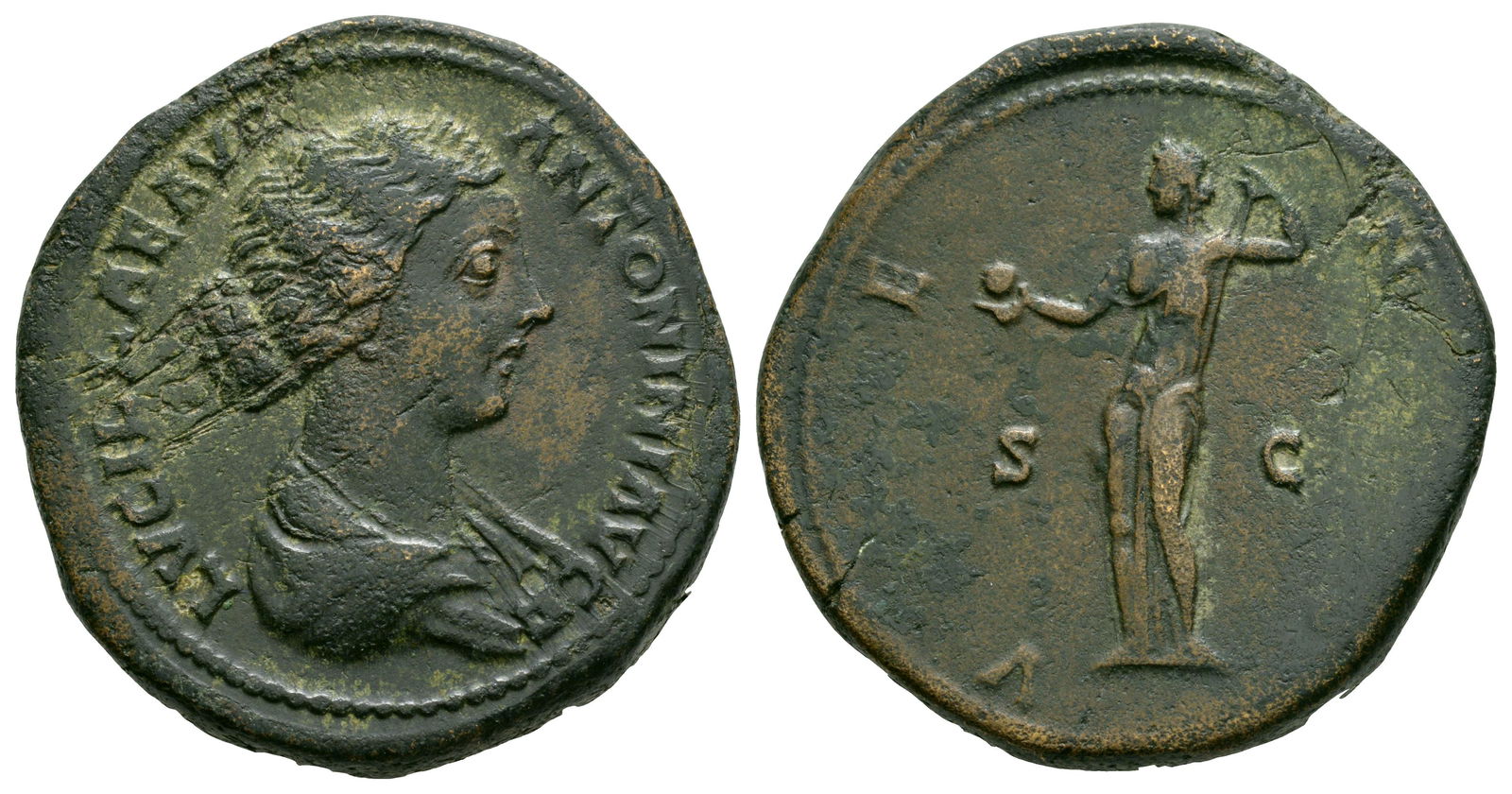 Lucilla - Venus Sestertius: 164-166 AD. Wife of Lucius Verus, Rome mint. Obv: LVCILLAE AVG ANTONINI AVG F legend with draped bust right. Rev: VENVS legend with Venus standing left holding apple and raising drapery from left shou