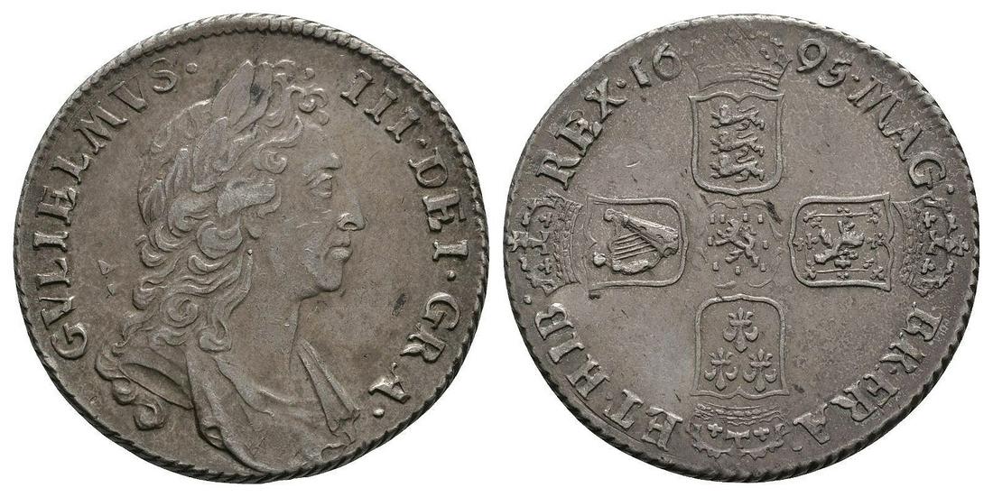 William III - 1695 - Shilling: Dated 1695 AD. First draped bust. Obv: profile bust with GVLIELMVS III DEI GRA legend. Rev: cruciform arms with MAG BR FRA ET HIB REX legend and date. S. 3497. 5.95 grams. . Property of a Kent, UK col