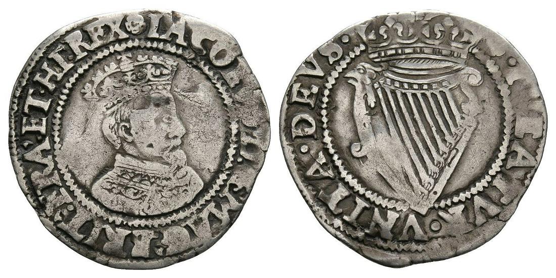 Ireland - James I - Sixpence: 1605-1606 AD. Second coinage. Obv: profile bust with IACOBVS D G MAG BRIT FRA ET HI REX legend and 'small rose' mintmark. Rev: crowned harp with TVEATVR VNITA DEVS legend. S. 6517. 2.18 grams. . Prope