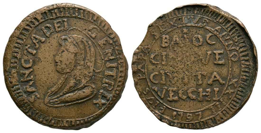 Papal States - Civitavecchia - 1797 - 5 Baiocchi: Dated 1797 AD. Obv: BAIOC / CINQVE / CIVITA / VECCHI in four lines with PIVS PAPA SEXTVS ANNO XXIII legend and date. Rev: nimbate profile bust with SANCTA DEI GENITRIX legend. KM# 6.1. 17.40 grams. .