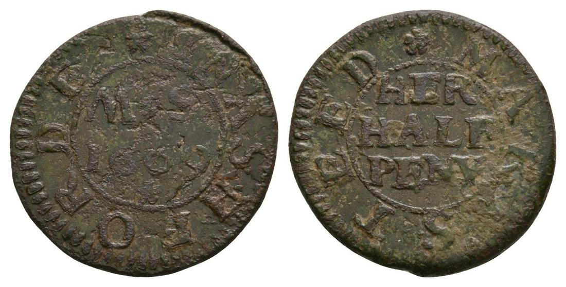 17th C - Kent - Ashford - Steed - Token Halfpenny: Dated 1669 AD. Kent, Ashford, Mary Steed. Obv: HER / HALF / PENY in three lines with MARY STEED legend. Rev: M S over date with IN ASHFORD legend. Williamson/Dickinson, Kent, 14. 2.13 grams. . Found R