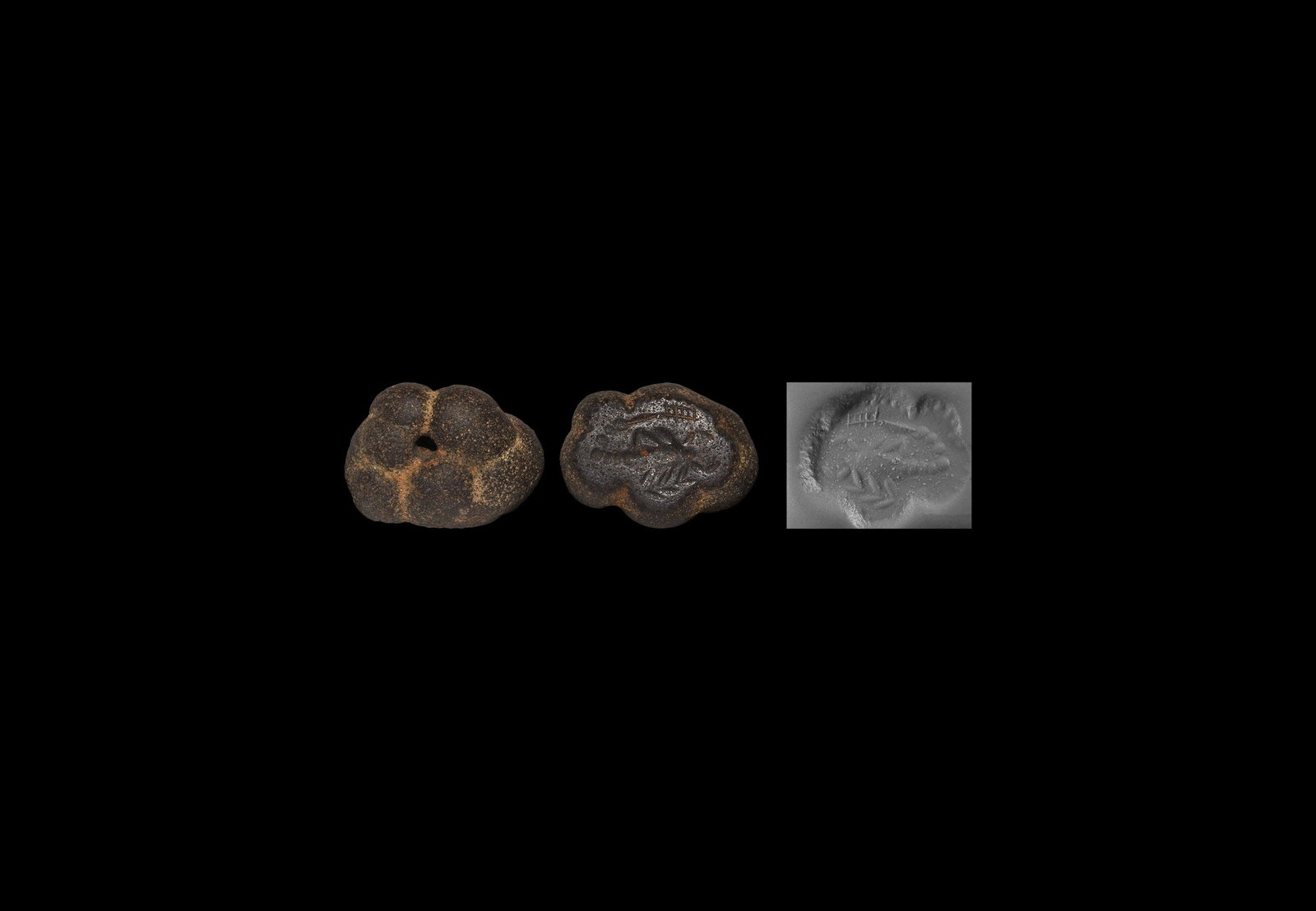 Stamp Seal with Scorpion: 2nd millennium BC. A substantial domed mamillary jasper stamp seal, pierced for suspension, intaglio image of a scorpion with a symbol atop the stinger; accompanied by a museum-quality impression. 24.