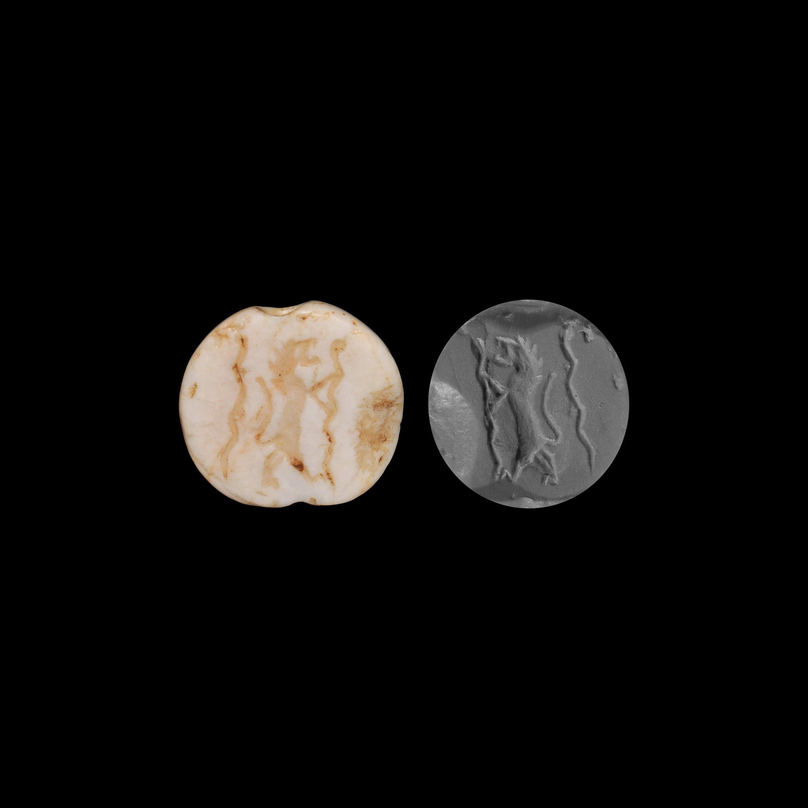 Stamp Seal with Animal: 1st millennium BC. A large domed marble stamp seal with intaglio image of a standing lion flanked by two large serpents; pierced for suspension. 11.8 grams, 28mm (1"). Property of a London gentleman; 