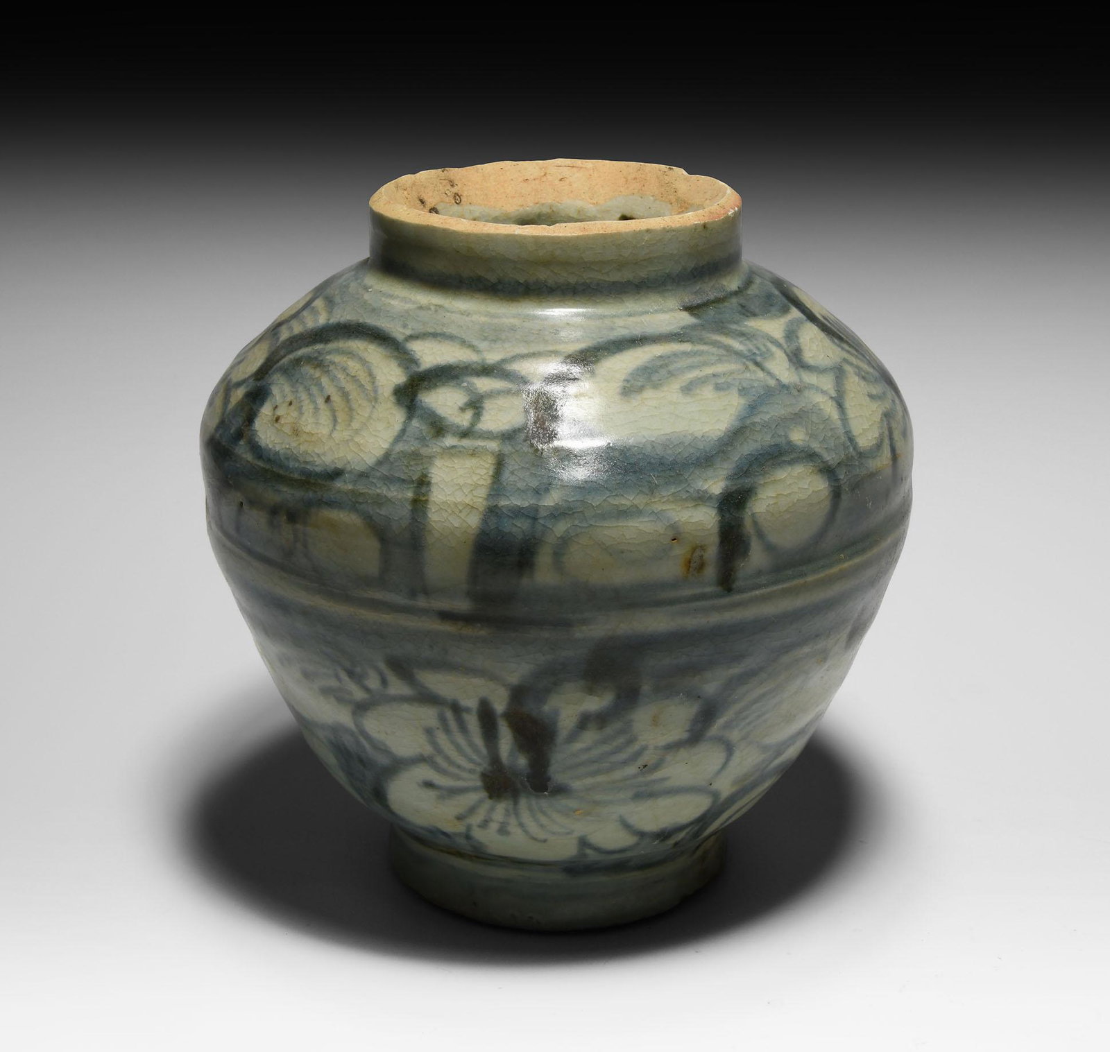 Chinese Ming Peony Jar: Ming Dynasty, 1368-1644 AD. A glazed ceramic jar with broad shoulder, painted floral ornament. 1.6 kg, 19.5cm (7 3/4"). Ex Hong Kong collection, 1980s-1990s.