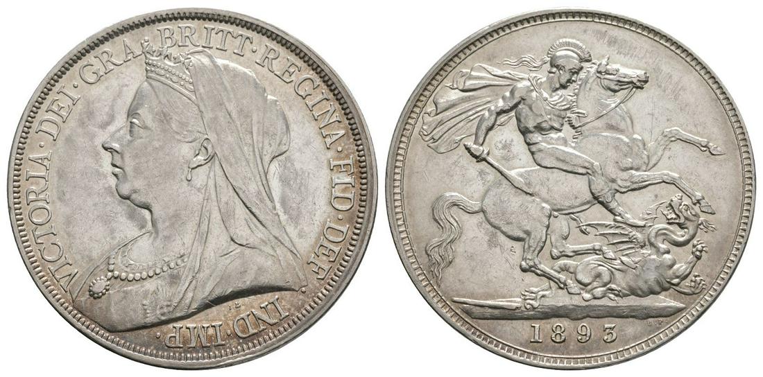 Victoria - 1893 LVI - Crown: Dated 1893 AD. Old head. Obv: profile bust with VICTORIA DEI GRA BRITT REGINA FID DEF IND IMP legend. Rev: St George and dragon; date in exergue. Edge: raised DECUS ET TUTAMEN ANNO REGNI LVI inscripti