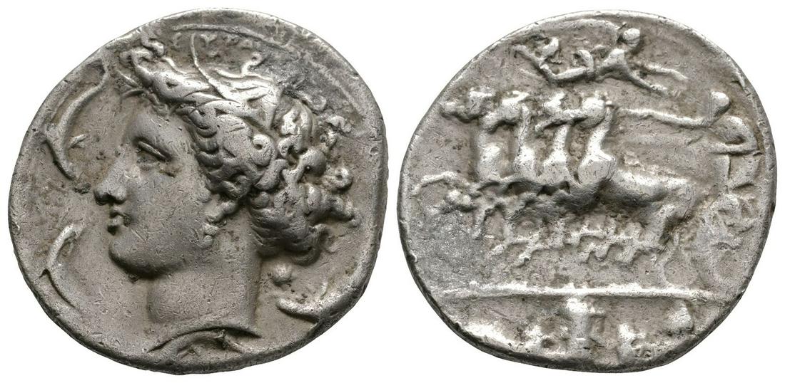 Syracuse - Replica Quadriga Decadrachm: 20th century AD. Copying time of Dionysius I. Obv: head of Arethusa left with four dolphins around; signature above. Rev: charioteer in quadriga left, Nike flying above; panoply of arms in exergue. 21