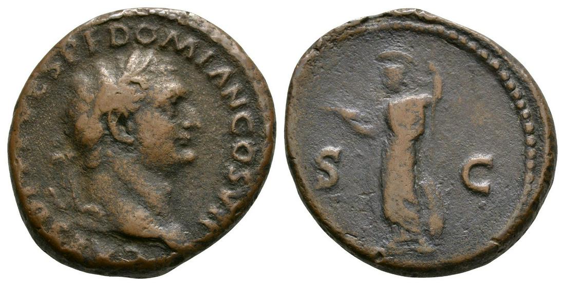 Domitian (under Titus) - Minerva As: 80 AD. Rome mint. Obv: CAES DIVI VESP F DOMITIAN COS VII legend with laureate bust right. Rev: Minerva standing left holding thunderbolt and spear, shield at side; S - C in fields. RIC 169(B); BMC 246
