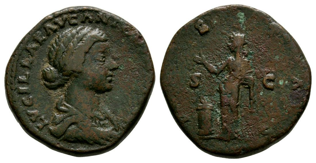 Lucilla - Vesta As: 164-166 AD. Wife of Lucius Verus, Rome mint. Obv: LVCILLAE AVG ANTONINI AVG F legend with draped bust right. Rev: VESTA legend with Vesta standing left holding simpulum and palladium, lit altar before