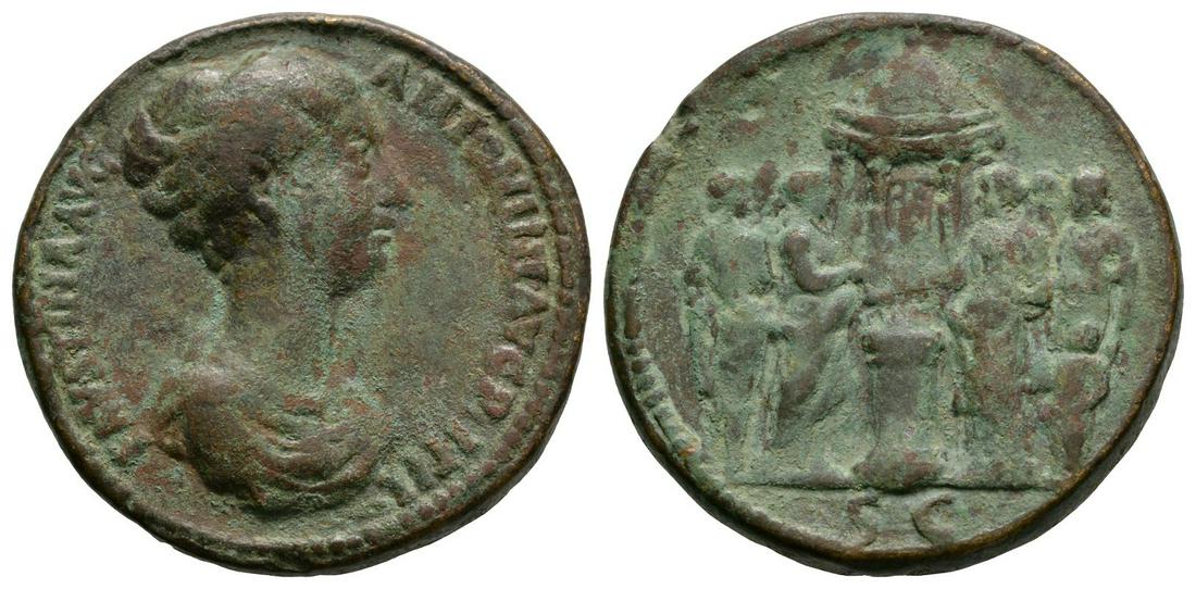 Faustina II - Paduan Empress Sacrificing Medallion: 19th century AD. Wife of Marcus Aurelius. Obv: FAVSTINA AVG ANTONINI AVG P I FIL legend with draped bust right. Rev: empress and five women sacrificing around altar at centre with temple of Vesta behi