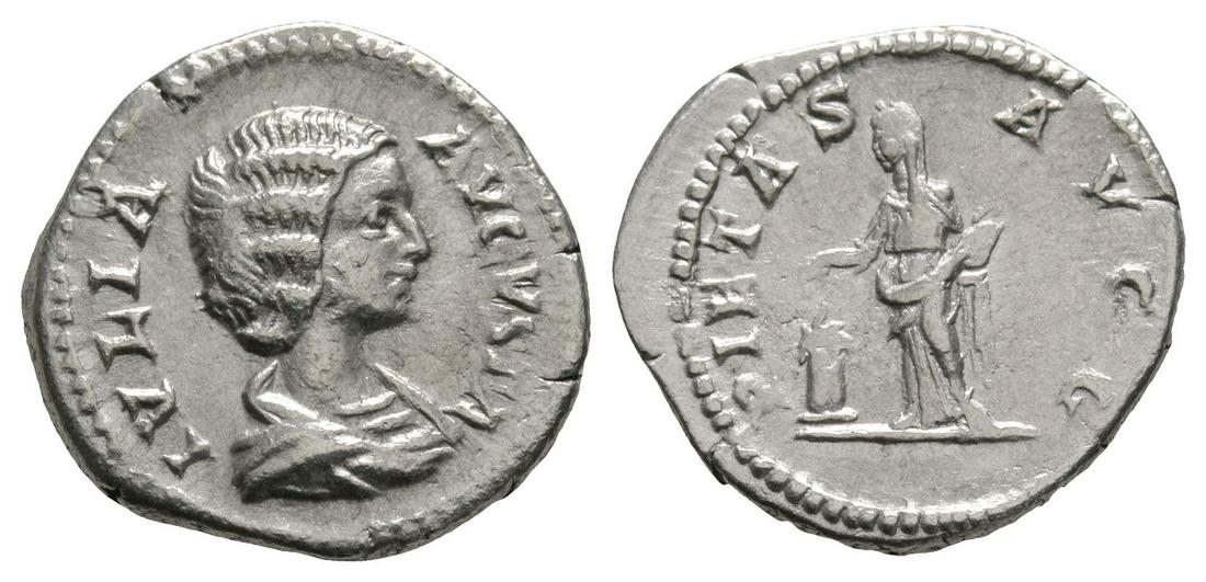 Julia Domna - Pietas Denarius: 204 AD. Wife of Septimius Severus, Rome mint. Obv: IVLIA AVGVSTA legend with draped bust right. Rev: PIETAS AVGG legend with Pietas standing left, sacrificing over altar, holding box of incense. RIC 5