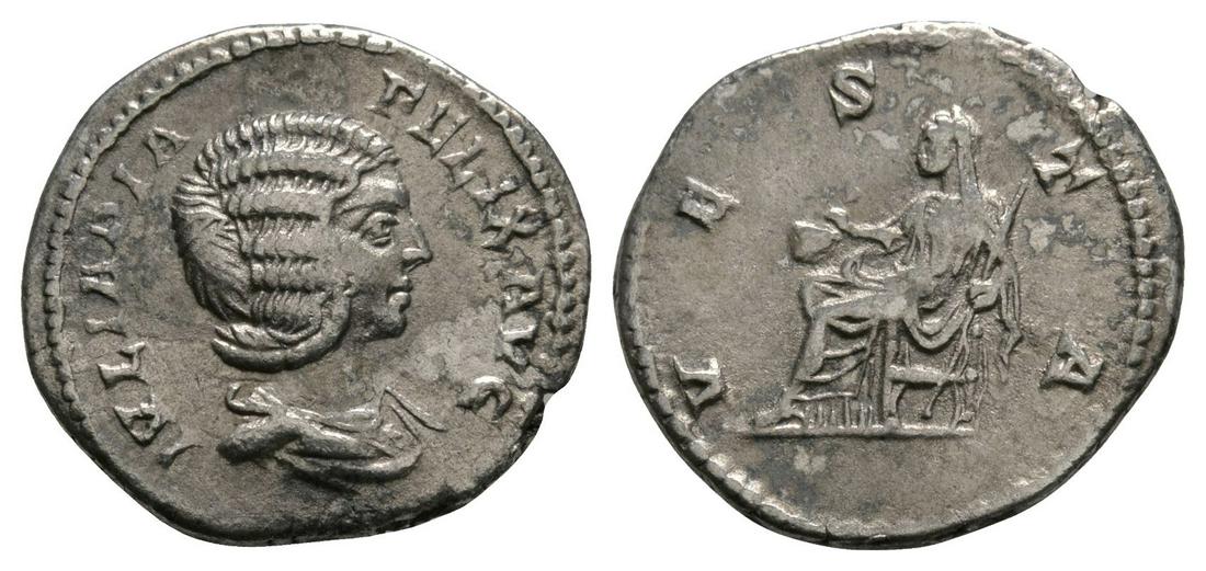 Julia Domna - Vesta Denarius: 215 AD. Mother of Caracalla, Rome mint. Obv: IVLIA PIA FELIX AVG legend with draped bust right. Rev: VESTA legend with Vesta seated left, holding simpulum and sceptre. Sear 7109; RIC 391; BMC 435, 31.