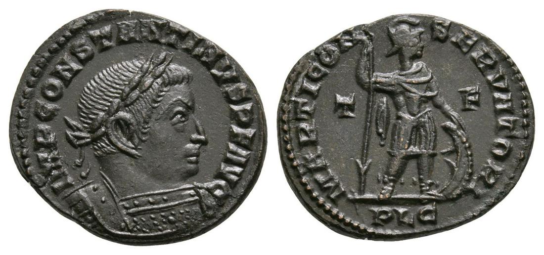 Constantine I (the Great) - Mars Follis: 314-315 AD. Lugdunum mint. Obv: IMP CONSTANTINVS P F AVG legend with laureate and cuirassed bust right. Rev: MARTI CONSERVATORI legend with Mars standing right resting on shield and spear, T - F in fi