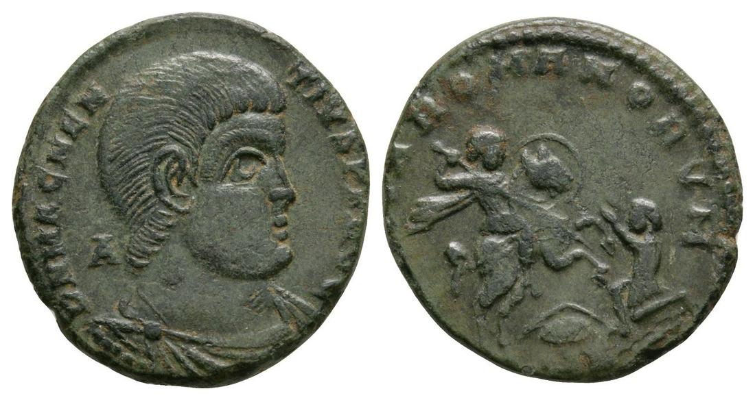 Magnentius - Emperor Spearing Enemy Follis: 350-351 AD. Trier mint. Obv: DN MAGNEN-TIVS PF AVG legend with bare head, draped and cuirassed bust right; A behind bust. Rev: GLORIA ROMANORVM legend with emperor on horseback, galloping right, shiel