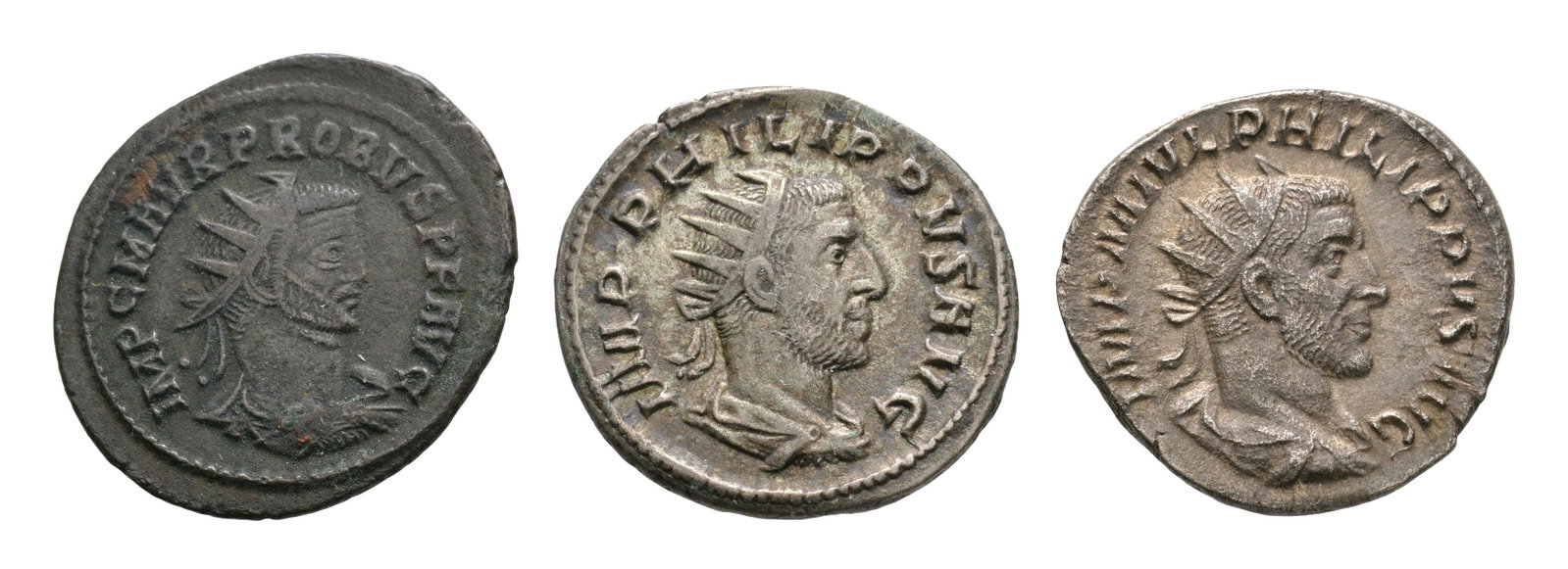 Philip I and Probus - Antoninianii [3]: 244-281 AD. Group comprising: Philip I, Rome mint, 244-245 AD. Obv: IMP M IVL PHILIPPVS AVG legend with radiate, draped and cuirassed bust right. Rev: SECVRIT ORBIS legend with Securitas seated left, 